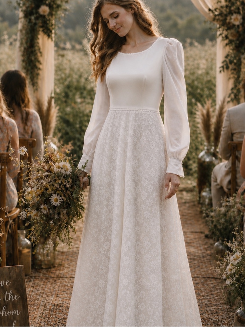 VTG 70s Handmade White Lace “Gunne” Style Prairie Cottage Maxi Wedding Dress, S